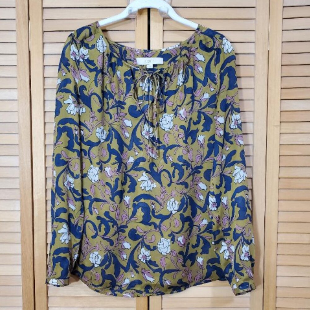 LOFT Sheer Green Floral Print Long Sleeve Top XS